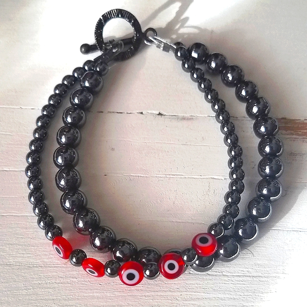 NEW Handmade Gunmetal & Red Evil Eye Bracelet